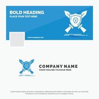 blaue Business-Logo-Vorlage für Abzeichen. Emblem. Spiel. Schild. Schwerter. Facebook-Timeline-Banner-Design. Vektor-Web-Banner-Hintergrund-Illustration vektor