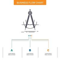 Präzision. genau. Geometrie. Kompass. Messung Business Flow Chart-Design mit 3 Schritten. Glyphensymbol für Präsentationshintergrundvorlage Platz für Text. vektor