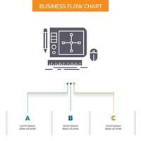 Entwurf. Grafik. Werkzeug. Software. Webdesign-Business-Flow-Chart-Design mit 3 Schritten. Glyphensymbol für Präsentationshintergrundvorlage Platz für Text. vektor