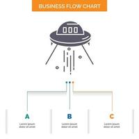 Raumschiff. Platz. Schiff. Rakete. Alien-Business-Flow-Chart-Design mit 3 Schritten. Glyphensymbol für Präsentationshintergrundvorlage Platz für Text. vektor