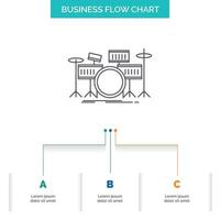 Trommel. Schlagzeug. Instrument. Bausatz. musikalisches Business-Flow-Chart-Design mit 3 Schritten. Liniensymbol für Präsentation Hintergrundvorlage Platz für Text vektor
