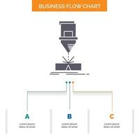 Schneiden. Ingenieurwesen. Herstellung. Laser. Stahl-Business-Flow-Chart-Design mit 3 Schritten. Glyphensymbol für Präsentationshintergrundvorlage Platz für Text. vektor