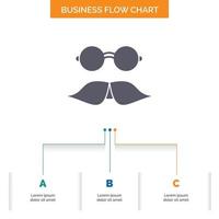 Schnurrbart. Hipster. Umzug. Brille. men business flow chart design mit 3 schritten. Glyphensymbol für Präsentationshintergrundvorlage Platz für Text. vektor