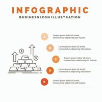 guld. mynt. kontanter. pengar. tillväxt infographics mall för hemsida och presentation. linje grå ikon med orange infographic stil vektor illustration