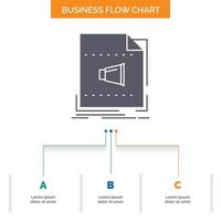 Audio. Datei. Format. Musik. solides Business-Flow-Chart-Design mit 3 Schritten. Glyphensymbol für Präsentationshintergrundvorlage Platz für Text. vektor