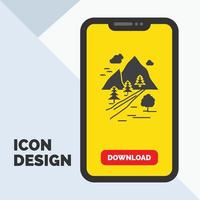 rocks. träd. kulle. berg. natur glyf ikon i mobil för ladda ner sida. gul bakgrund vektor