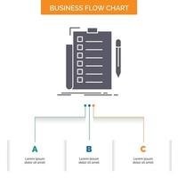 Sachverstand. Checkliste. überprüfen. aufführen. Dokumentieren Sie das Design von Geschäftsflussdiagrammen in 3 Schritten. Glyphensymbol für Präsentationshintergrundvorlage Platz für Text. vektor