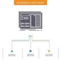 Entwurf. Entwurf. Zeichnung. planen. Prototyp-Business-Flow-Chart-Design mit 3 Schritten. Glyphensymbol für Präsentationshintergrundvorlage Platz für Text. vektor