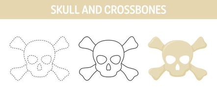arbeitsblatt zum nachzeichnen und ausmalen von totenkopf und gekreuzten knochen für kinder vektor