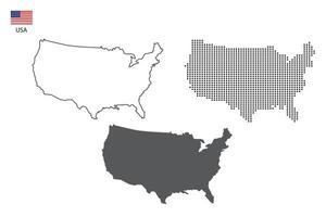 3 Versionen des USA-Kartenstadtvektors durch dünnen schwarzen Umriss-Einfachheitsstil, schwarzen Punktstil und dunklen Schattenstil. alles im weißen Hintergrund. vektor