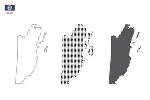 3 Versionen des Belize-Kartenstadtvektors durch dünnen schwarzen Umriss-Einfachheitsstil, schwarzen Punktstil und dunklen Schattenstil. alles im weißen Hintergrund. vektor