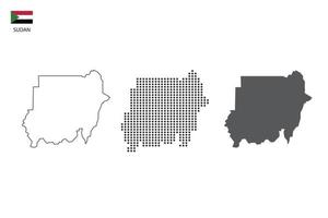 3 Versionen des Sudan-Kartenstadtvektors durch dünnen schwarzen Umriss-Einfachheitsstil, schwarzen Punktstil und dunklen Schattenstil. alles im weißen Hintergrund. vektor