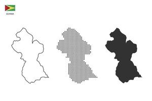 3 Versionen des Guyana-Kartenstadtvektors durch dünnen schwarzen Umriss-Einfachheitsstil, schwarzen Punktstil und dunklen Schattenstil. alles im weißen Hintergrund. vektor