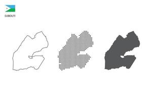 3 Versionen des Dschibuti-Kartenstadtvektors durch dünnen schwarzen Umriss-Einfachheitsstil, schwarzen Punktstil und dunklen Schattenstil. alles im weißen Hintergrund. vektor