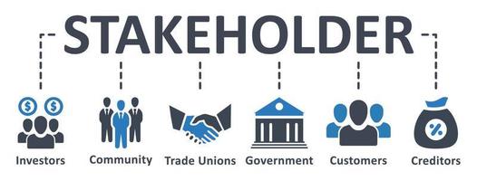 Stakeholder-Symbol - Vektorillustration. Stakeholder, Investor, Regierung, Gläubiger, Gewerkschaften, Lieferanten, Kunden, Infografik, Vorlage, Präsentation, Konzept, Banner, Symbolsatz, Symbole. vektor