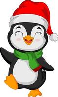 söt pingvin bär santa hatt och scarf vektor