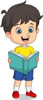 tecknad serie liten pojke står och läsning en bok vektor