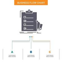 Checkliste. überprüfen. Sachverstand. aufführen. Zwischenablage Business Flow Chart-Design mit 3 Schritten. Glyphensymbol für Präsentationshintergrundvorlage Platz für Text. vektor