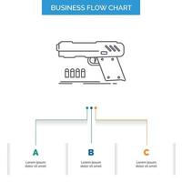 Pistole. Pistole. Pistole. Schütze. Waffengeschäft Flussdiagramm-Design mit 3 Schritten. Liniensymbol für Präsentation Hintergrundvorlage Platz für Text vektor