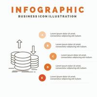 Münzen. Finanzen. Hauptstadt. Gold. einkommen infografiken vorlage für website und präsentation. Linie graues Symbol mit orangefarbener Infografik-Stil-Vektorillustration vektor