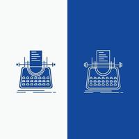 artikel. blogg. berättelse. skrivmaskin. författare linje och glyf webb knapp i blå Färg vertikal baner för ui och ux. hemsida eller mobil Ansökan vektor