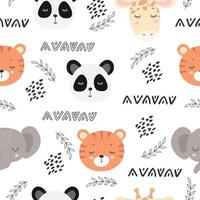 uppsättning i sömlös mönster av söt djungel djur, tiger, giraff, elefant, panda. bebis platt vektor illustration på vit bakgrund
