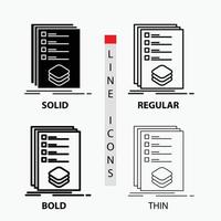 Kategorien. überprüfen. aufführen. Auflistung. markieren Sie das Symbol in dünn. regulär. fette Linie und Glyphenstil. Vektor-Illustration vektor