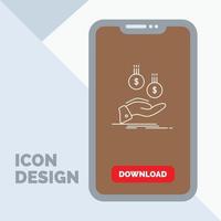 Münzen. Hand. Währung. Zahlung. Symbol für die Geldlinie auf dem Handy für die Download-Seite vektor