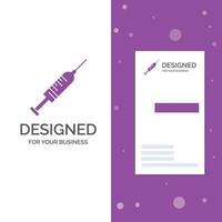 företag logotyp för spruta. injektion. vaccin. nål. skott. vertikal lila företag .besöker kort mall. kreativ bakgrund vektor illustration