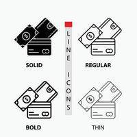 Kreditkarte. Geld. Währung. Dollar. Brieftaschensymbol in dünn. regulär. fette Linie und Glyphenstil. Vektor-Illustration vektor