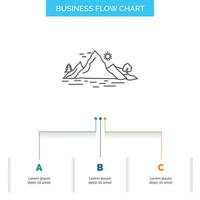 natur. kulle. landskap. berg. träd företag strömma Diagram design med 3 steg. linje ikon för presentation bakgrund mall plats för text vektor