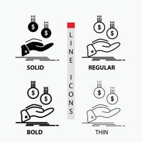 Münzen. Hand. Währung. Zahlung. Geldsymbol in dünn. regulär. fette Linie und Glyphenstil. Vektor-Illustration vektor