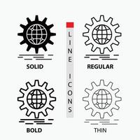 International. Geschäft. Globus. weltweit. Zahnradsymbol in dünn. regulär. fette Linie und Glyphenstil. Vektor-Illustration vektor