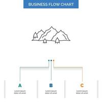 Berg. Landschaft. hügel. Natur. Baum-Business-Flow-Chart-Design mit 3 Schritten. Liniensymbol für Präsentation Hintergrundvorlage Platz für Text vektor