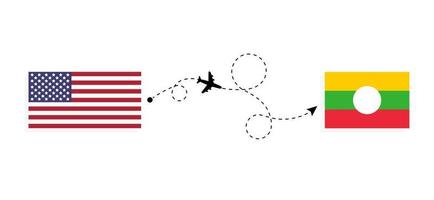 flug und reise von den usa in den staat shan mit dem reisekonzept des passagierflugzeugs vektor