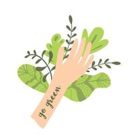 gå grön hand dekorerad grön löv eco vänlig ekologi begrepp på vit noll avfall element logotyp. ekologisk Citat. söt skriva ut för spara planet natur ekologisk design. vektor illustration.