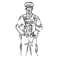 eine durchgehende einzelne gezeichnete Kunstlinie Minimalismus Doodle Hand Charakter Rettungsschwimmer Rettungspolizist Militär in Sommeruniform. Sicherheitskonzept. vektor