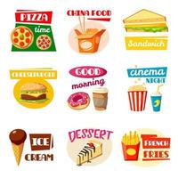 snabb mat ikoner av smörgås, dryck och mellanmål vektor