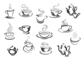 Kafé cafeteria kaffe muggar, te koppar vektor ikoner