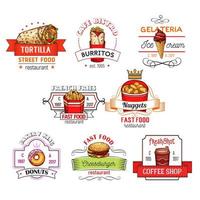 Fast-Food-Snacks Vektor-Restaurant-Icons skizzieren vektor