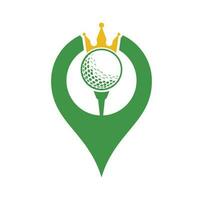 König Golf gps Form Konzept Vektor-Logo-Design. Golfball mit Kronenvektorsymbol. vektor