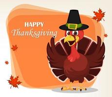 Thanksgiving-Grußkarte mit einem Truthahnvogel, der einen Pilgerhut trägt und mit den Flügeln winkt. vektor