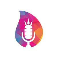 Podcast-König und tropfenförmiges Vektor-Logo-Design. King Music Logo-Design-Konzept. vektor