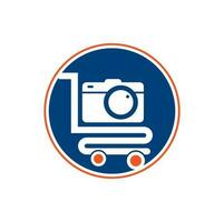 Kamera-Shop-Logo-Vektor-Symbol. Einkaufswagen mit Designvorlage für das Logo des Kameraobjektivs. vektor