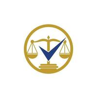 Anwaltskanzlei-Vektor-Logo-Design. Gesetzesskala mit Häkchen-Symbol-Vektor-Design. vektor