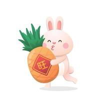 süßer kaninchencharakter oder maskottchen, chinesisches neujahr, ananas bringt viel glück, jahr des kaninchens, vektorkarikaturstil vektor