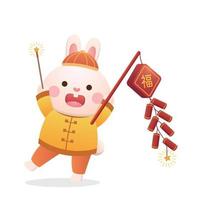 söt kanin karaktär eller maskot med smällare för kinesisk ny år, år av de kanin, vektor tecknad serie stil