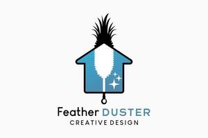 Quill Feather Duster Logo Design traditionelle Staubreiniger Illustration, Silhouette eines Federstaubers in einer Hausikone mit einem kreativen Konzept vektor