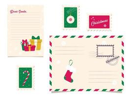 Vektor Briefvorlage an den Weihnachtsmann. Blanko-Formular zum Ausfüllen eines Weihnachtswunschbriefes für Kinder. leerer Versandumschlag mit Stempel und Briefmarken.