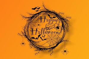 Lycklig halloween text baner, Skräck krans av grenar, en realistisk runda ram gräns av vriden grenar, vektor illustration isolerat på orange bakgrund
